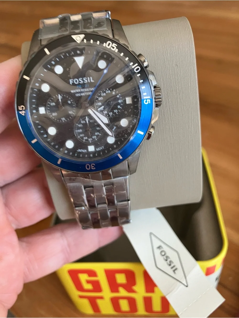 Fossil Men's Stainless Steel Chronograph Watch with Blue Bezel and Black Dial